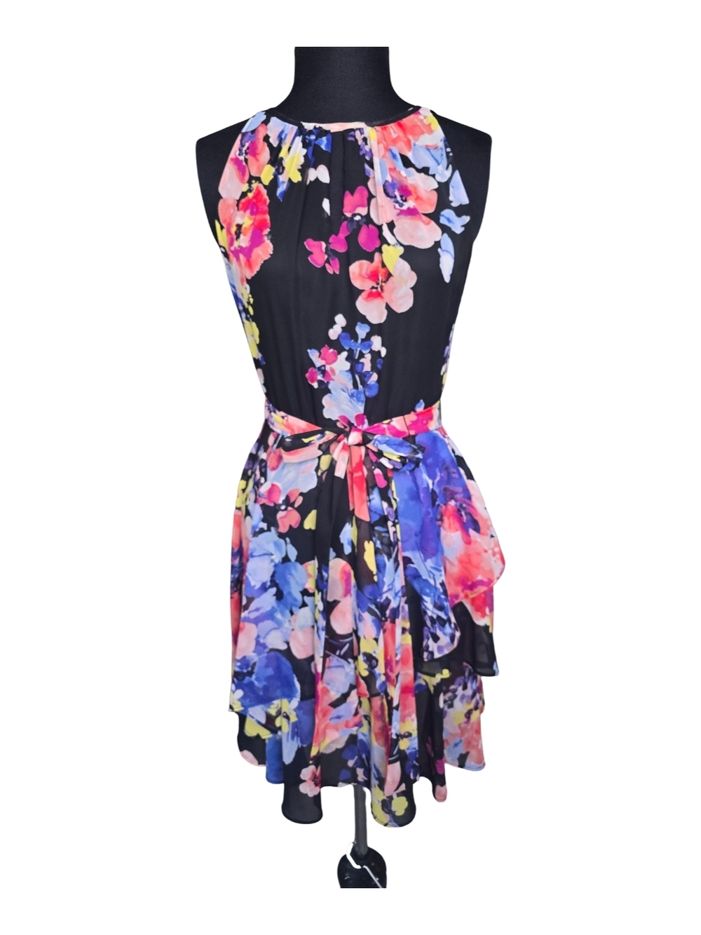 Tahari Black Floral Halter Tie-Waist Mini Dress Size 4P Party Wedding Chic